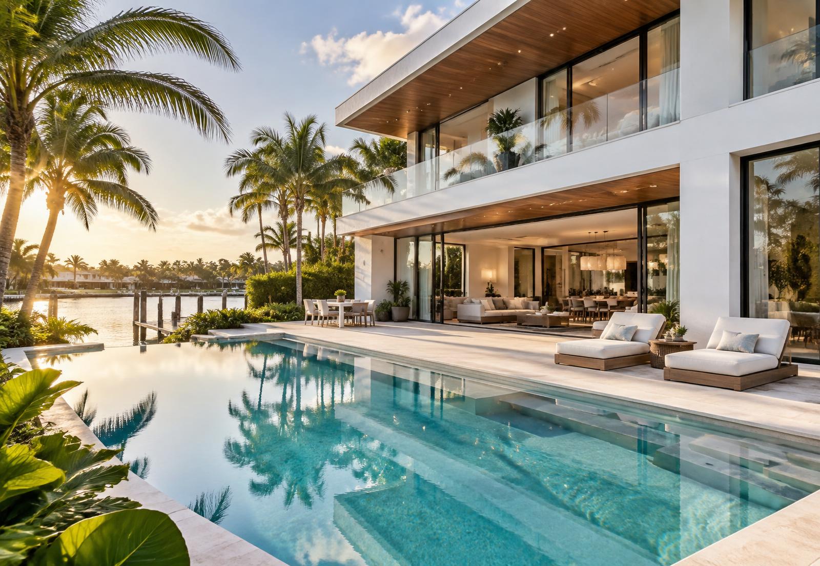Casa moderna frente al agua con piscina y palmeras